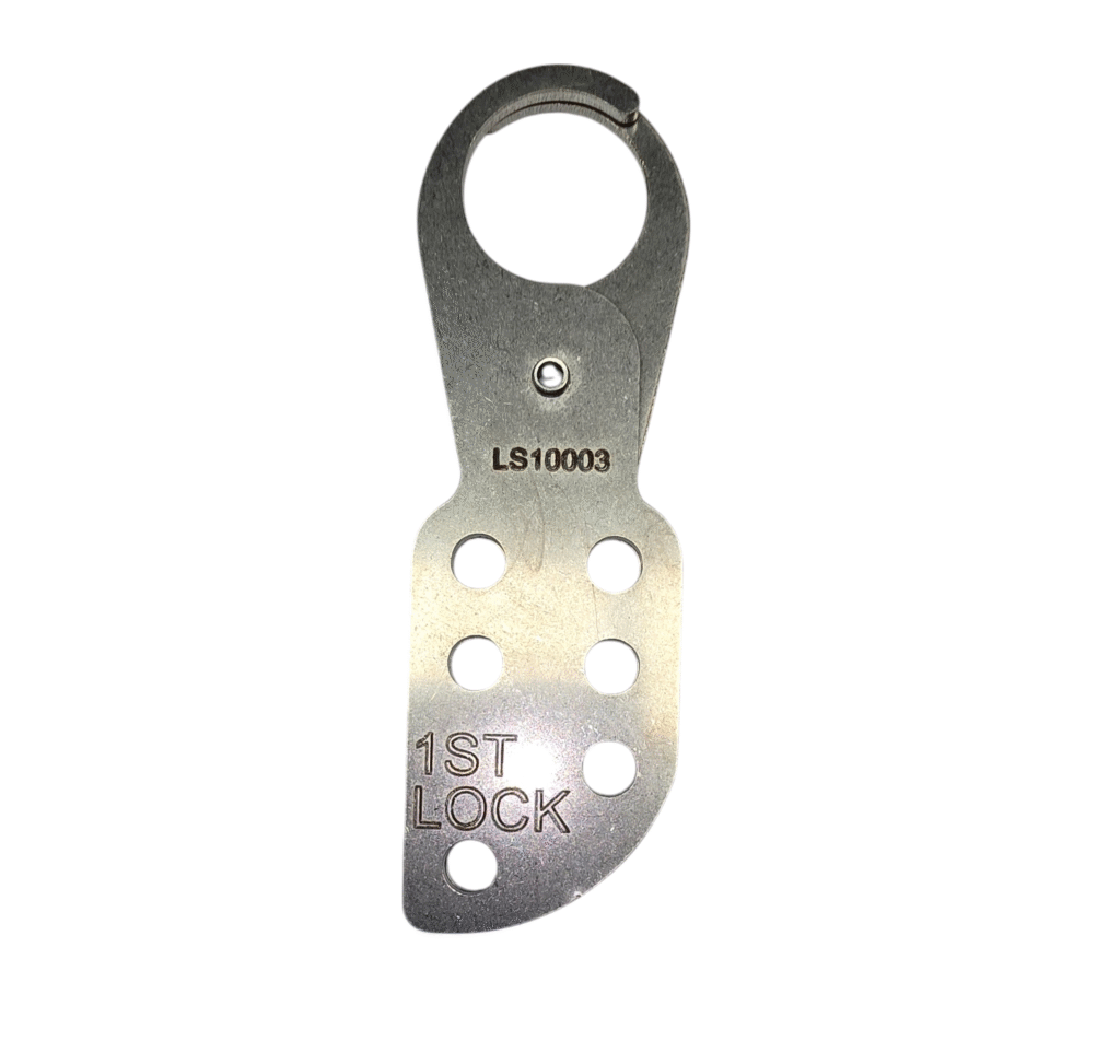 Locksafe metal hasp with a round top opening and multiple holes for securing padlocks.