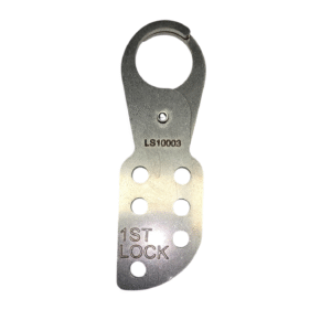 Locksafe metal hasp with a round top opening and multiple holes for securing padlocks.
