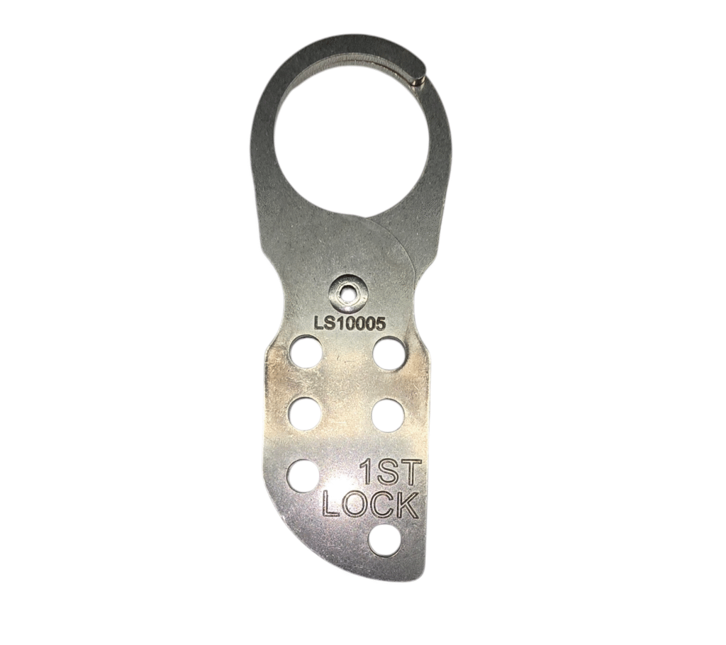 Locksafe metal hasp with a round top opening and multiple holes for attaching padlocks.