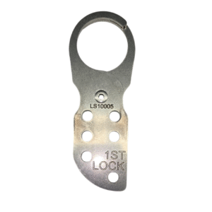 Locksafe metal hasp with a round top opening and multiple holes for attaching padlocks.