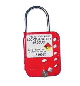 Locksafe safety padlock with a metal shackle and multiple holes on the body.