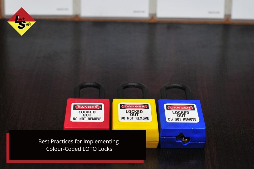 What Are the Colour Codes for LOTO Locks? » LOTO lock colour A set of red, yellow, and blue lockout tagout padlocks on a table, demonstrating the LOTO colour code for identifying different roles in energy isolation.