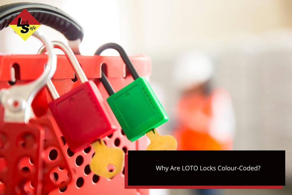 What Are the Colour Codes for LOTO Locks? » LOTO lock colour Red and green safety padlocks with attached keys hanging on a lockout station, reinforcing the LOTO colour code and best practices in workplace safety.