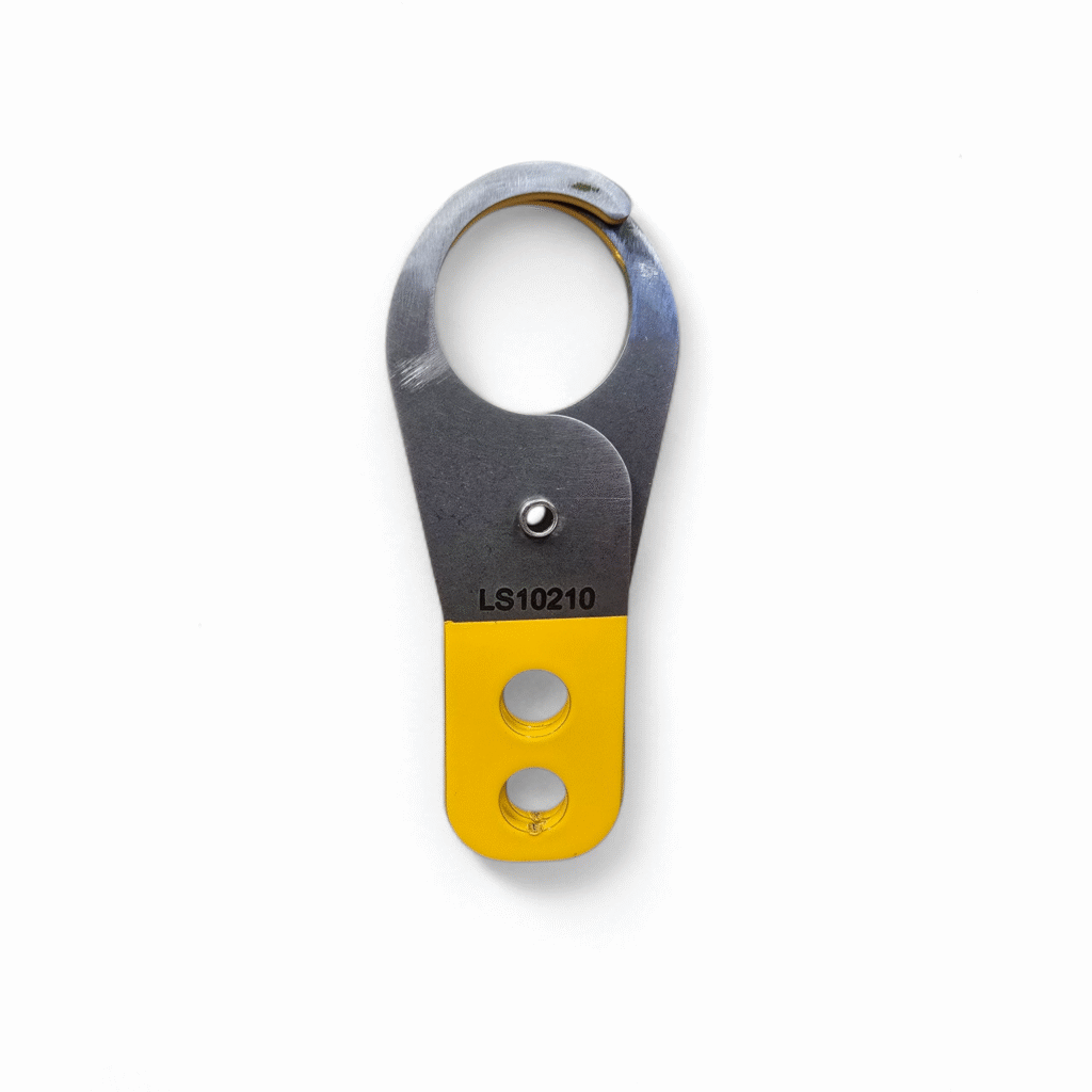 Locksafe metal hasp with a round top opening and two yellow-coated holes at the base.