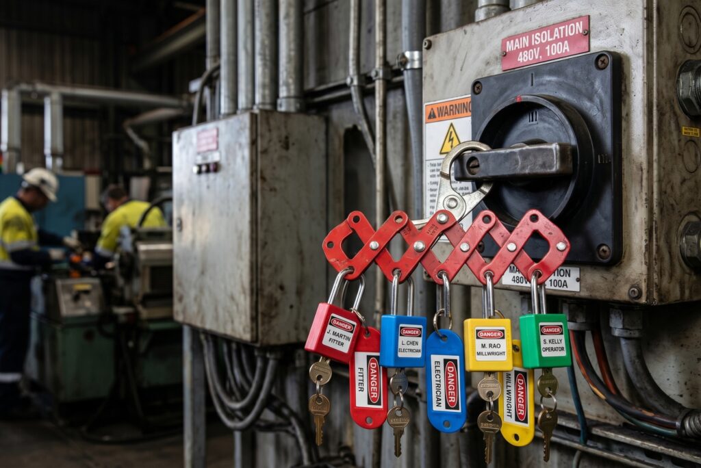 A red multi-lock hasp attached to an electrical isolation point with four safety padlocks from different workers applied, demonstrating a group lockout procedure