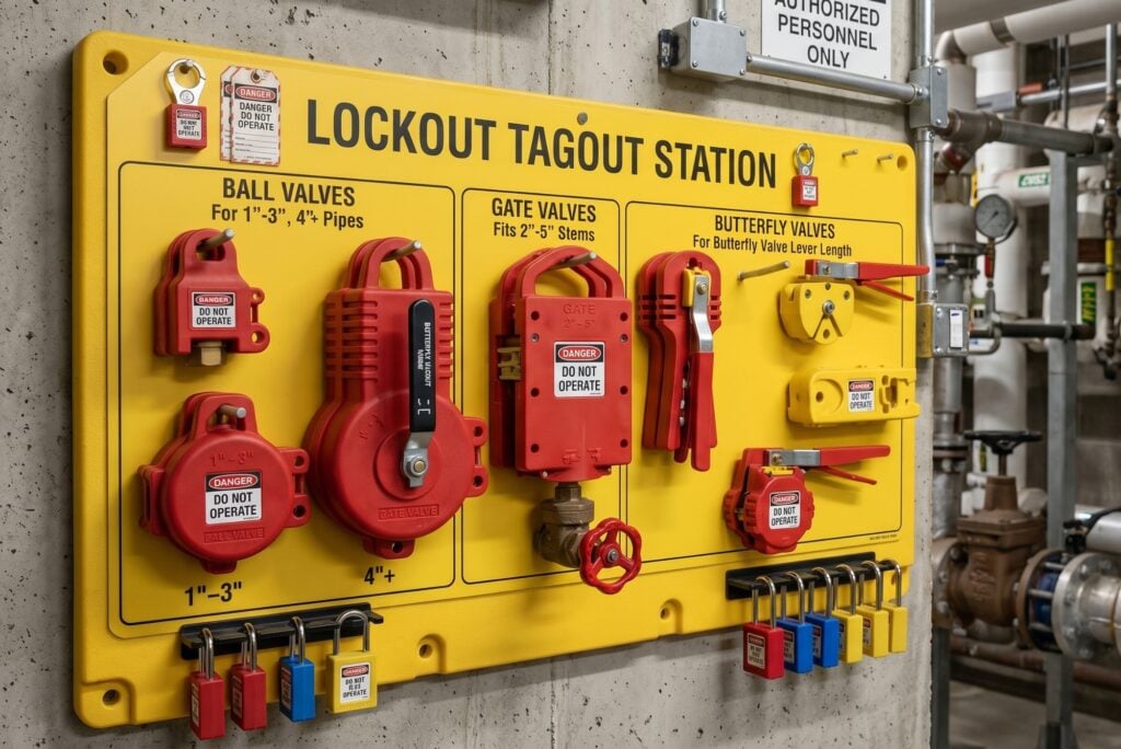 An assortment of red and yellow valve lockout devices on a lockout station board, including ball valve lockouts, gate valve lockouts, and butterfly valve lockouts for different pipe sizes