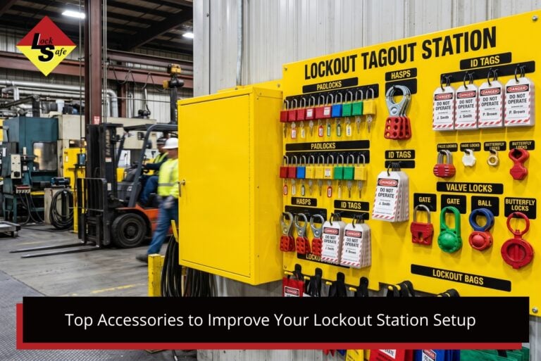 A fully stocked yellow wall-mounted lockout tagout station in an industrial facility, showing padlocks, hasps, ID tags, valve lockouts, and lockout bags organised on labelled holders