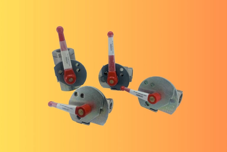 Four ball valves with red-handled Locksafe locking brackets attached, displayed against an orange gradient background.